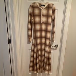 Polo Ralph Lauren 100% Cotton Plaid Long Sleeve Brown Midi Dress